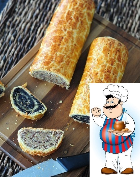 Рулеты с маком и орехами Ингредиенты: Для теста: -450 г муки -185 г сливочного масла -50 г сахара -щепотка соли -1 пакетик (7 г) сухих дрожжей -1 яичный желток -150 г холодного молока Для