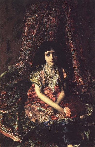 Девочка на фоне персидского ковра. Михаил Александрович Врубель, 1886. Мария, юная модель Врубеля, была дочерью Георгия Дахновича (по другим сведениям «Дохновича»). Это его ссудная касса